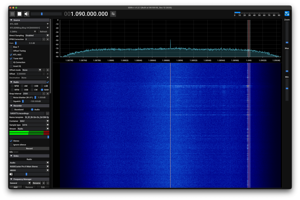 SDR++ Screenshot for receiving ADS-B Data